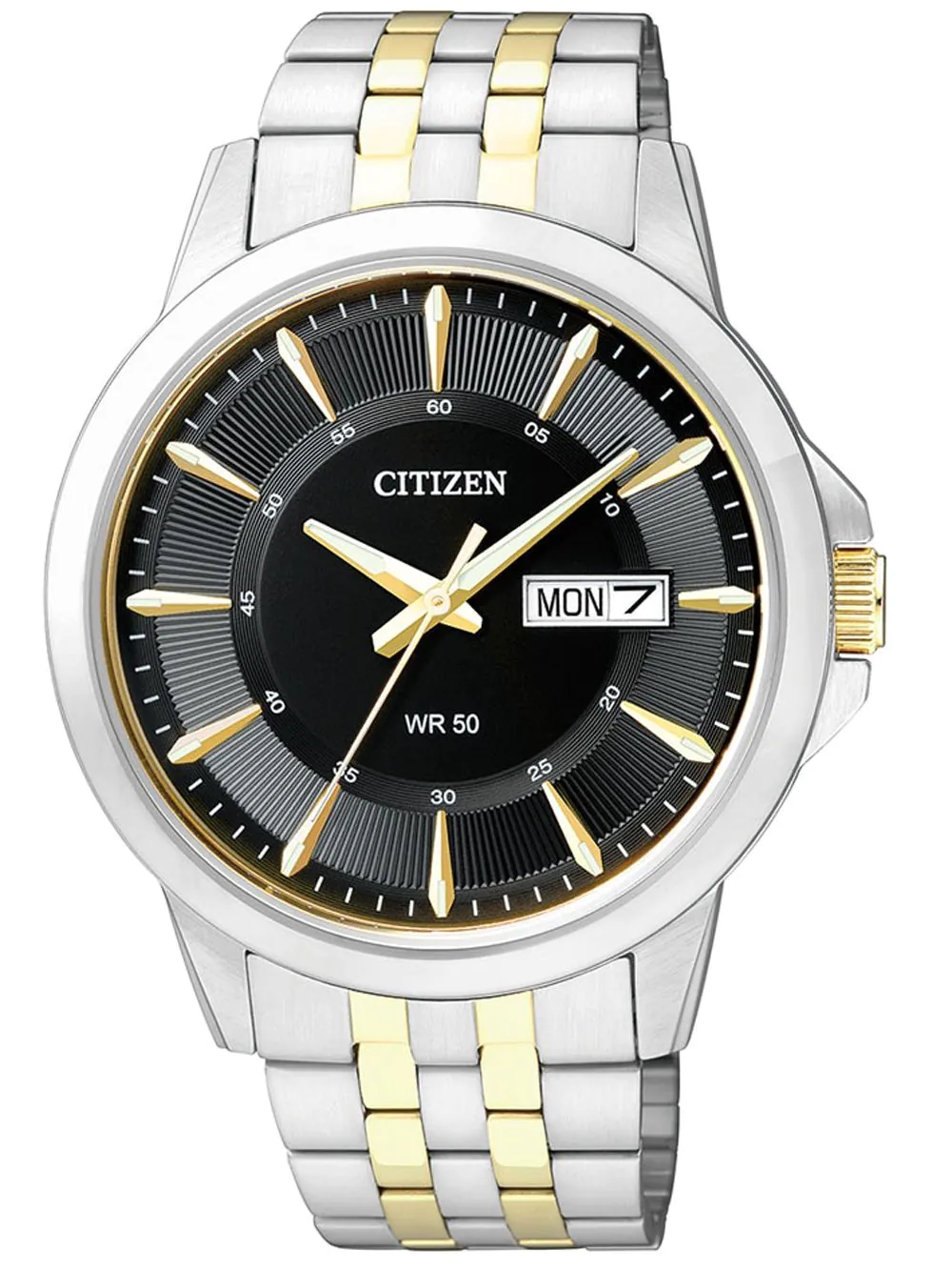 Zilver met goud en zwart rond Citizen horloge met dag- en datumaanduiding op witte achtergrond.