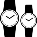 Pictogram twee zwarte ronde horloges zonder achtergrond.