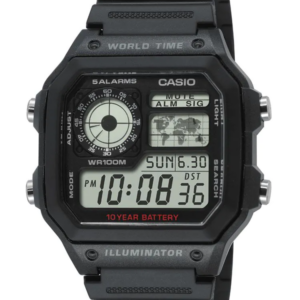 Zwart digitaal vierkant Casio horloge op witte achtergrond.
