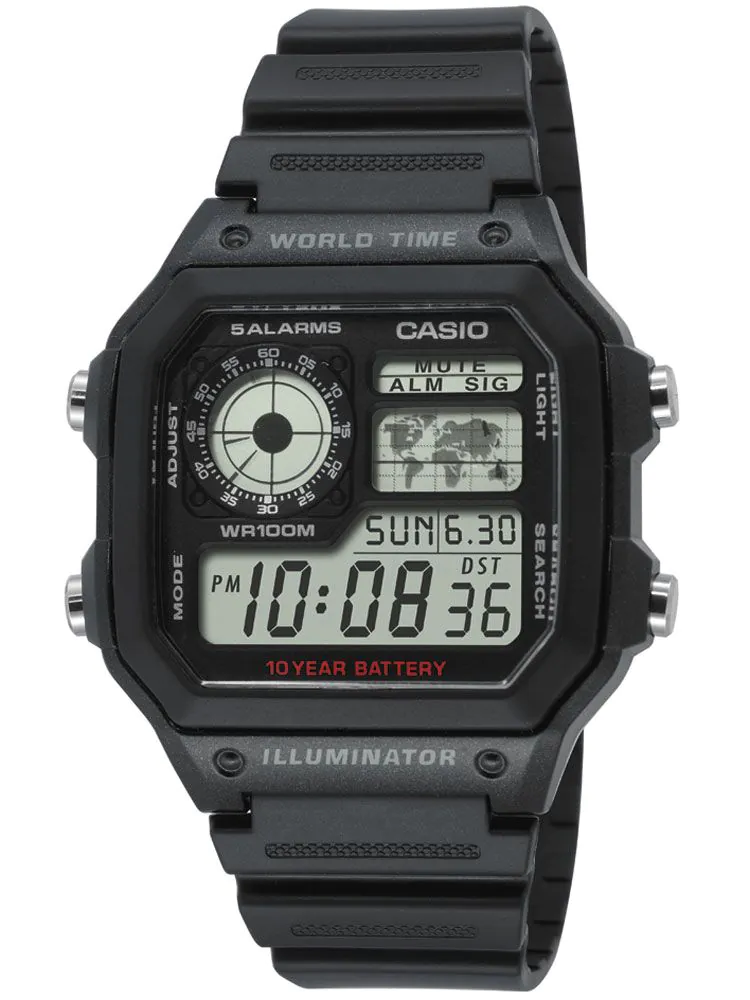 Zwart digitaal vierkant Casio horloge op witte achtergrond.