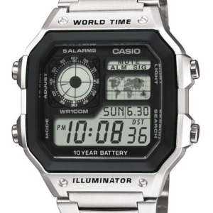 Zilver met zwart digitaal vierkant Casio horloge op witte achtergrond.