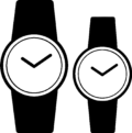 Pictogram twee zwarte ronde horloges zonder achtergrond.