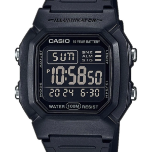 Zwart vierkant digitaal kunststof Casio horloge op witte achtergrond.