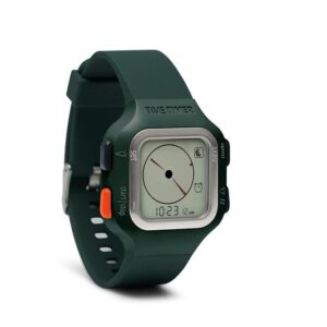 Schuin aanzicht van groen digitaal Time Timer horloge.
