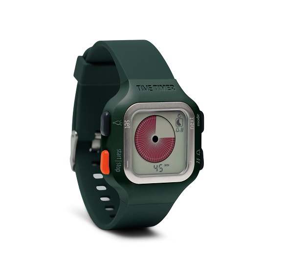 Schuin aanzicht van groen digitaal Time Timer horloge.