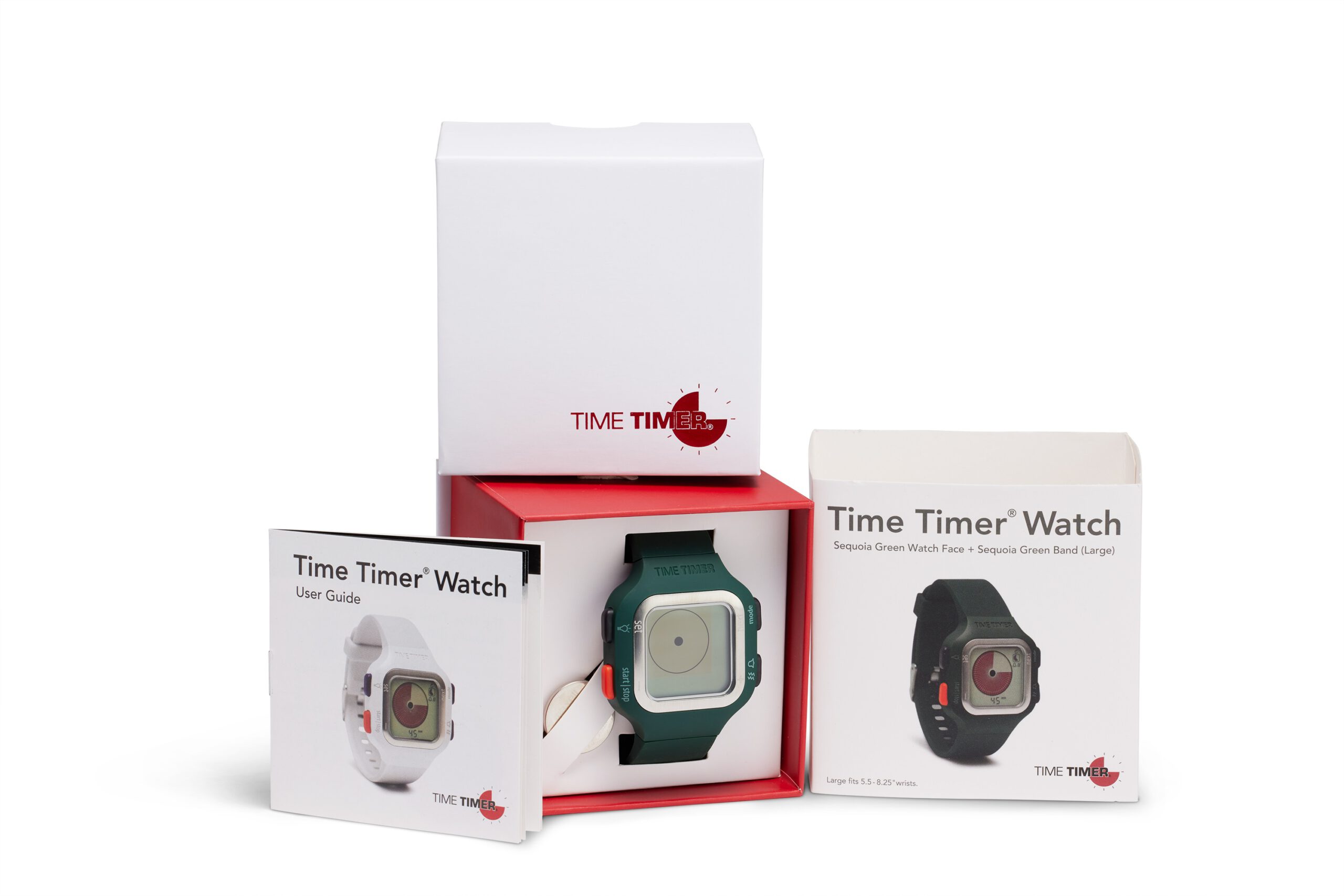 Verpakking uitgepakt van groen digitaal Time Timer horloge.