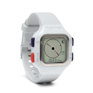 Schuin aanzicht van wit digitaal Time Timer horloge.