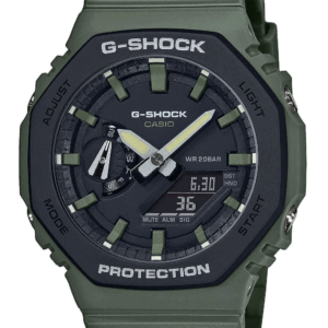 Groen met zwart digitaal en analoog rond Casio horloge.
